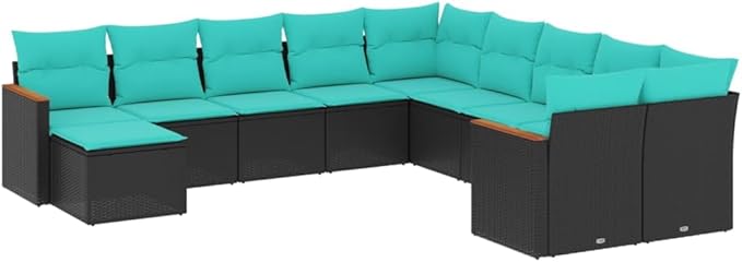 11 Piece Patio Sofa Set with Cushions, Sectional Sofa Garden Lounge Set Outdoor Sofa Sets Patio Conversation Set for Exhibition Garden Poolside Piazza Black Poly Rattan