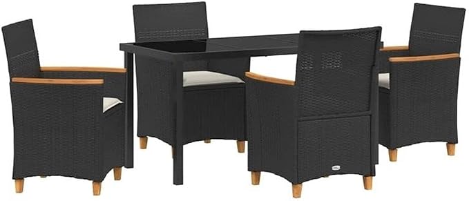 Afuera Living 5 Piece Poly Rattan Garden Dining Set, Black Finish, Steel Frame with Glass Tabletop, Weather-Resistant and Durable, Modern Patio or Outdoor Terrace Seating for 4