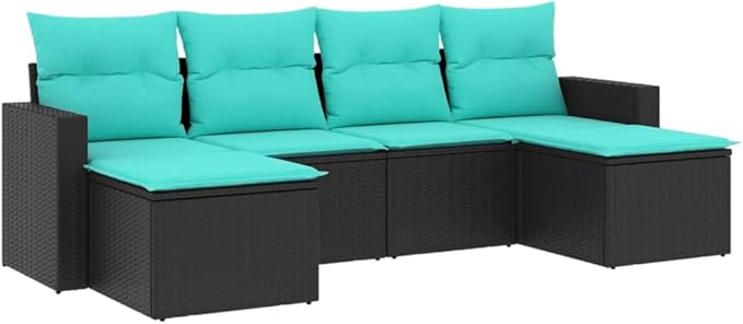 6 Piece Patio Sofa Set with Cushions, Sectional Sofa Front Porch Furniture Garden Lounge Set Patio Conversation Set for Piazza Poolside Negotiation Area Garden Black Poly Rattan