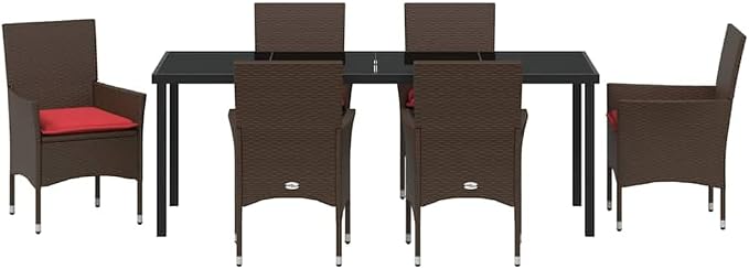 7-Piece Outdoor Dining Set with Cushions, Brown PE Rattan Garden Table and 6 Chairs, Weather-Resistant Patio Furniture for Backyard, Deck, and Kitchen