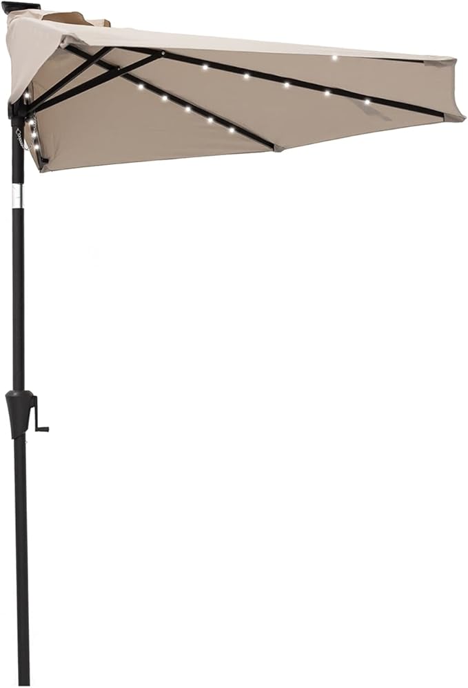 Helios&Hestia 9 ft Small Half Round Solar Powered Wall Outdoor Market Patio Umbrella with LED Lights and Tilt for Garden, Deck, Balcony