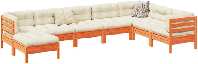 8 Piece Patio Sofa Set with Cushions, Outdoor Dining Sets Sectional Sofa Porch Furniture Set Patio Conversation Set for Poolside Negotiation Area Garden Exhibition Wax Brown Solid Wood Pine