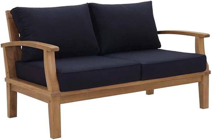 Modway Marina Outdoor Patio Teak Loveseat in Natural Navy