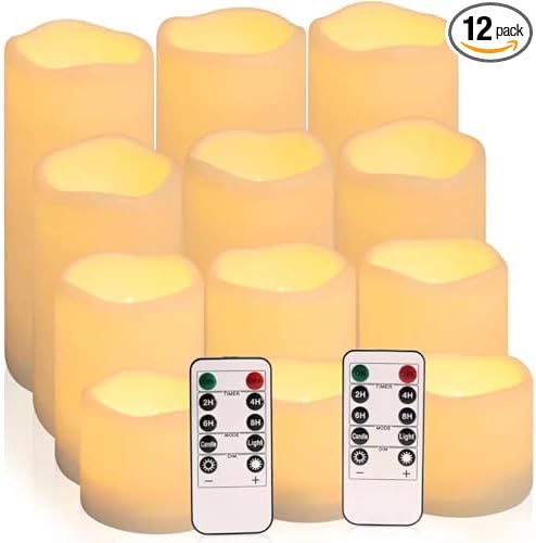 Enpornk Flameless Battery Operated Outdoor Waterproof Set of 12(D: 3" x H: 3" 4" 5" 6") Pillar LED Candles with 10-Key Remote and Cycling 24 Hours Timer