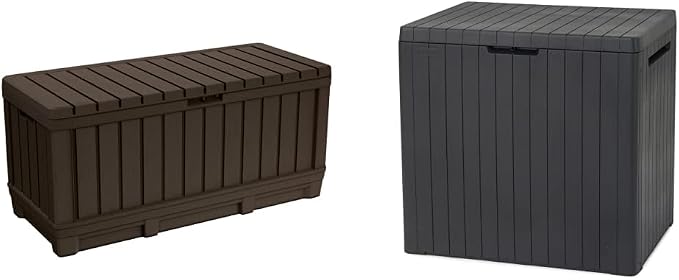 Keter Kentwood 90 Gallon Resin Deck Box-Organization and Storage for Patio Furniture Outdoor Cushions, Throw Pillows & City 30 Gallon Resin Deck Box for Patio Furniture, Pool Accessories,