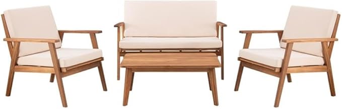 Linon Cooper Acacia Wood 4 Seater Removable Cushion Outdoor Patio Conversation Chat Sofa Set in Natural with Coffee Table