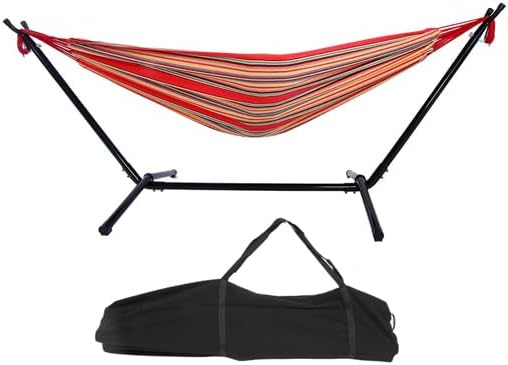 Double Hammock with Steel Stand for Outside,Portable Space Saving Heavy-Duty Steel Frame Hammock w/Portable Carrying Bag for Indoor Outdoor Patio Yard Camping,Easy Assembly,600 lbs Capacity (Red)