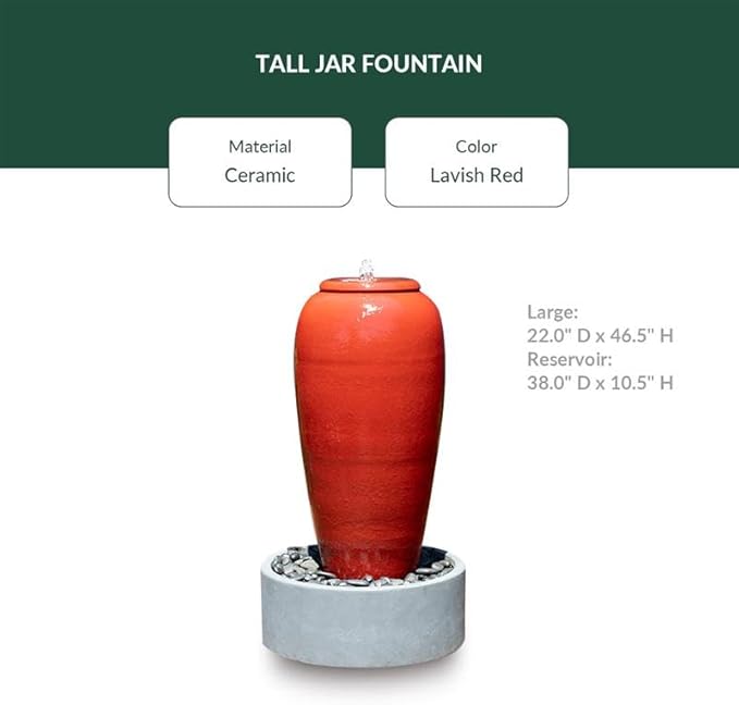 PLANTATOREM Long-Lasting Modern Ceramic Tall Jar Water Fountain with Framed Reservoir - Indoor/Outdoor Fountain for Patio, Deck, or Yard (Lavish Red, 22.0" D x 46.5" H)