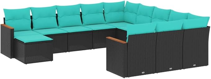 12 Piece Patio Sofa Set with Cushions, Front Porch Furniture Sectional Sofa Patio Conversation Set Porch Furniture Set for Exhibition Garden Negotiation Area Poolside Black Poly Rattan