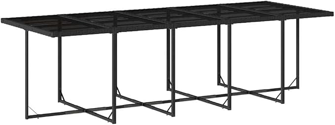 11 Piece Patio Dining Set with Cushions Black Poly Rattan Outdoor Furniture Table 10 Chairs Tempered Glass Top Foldable Storage UV-Proof