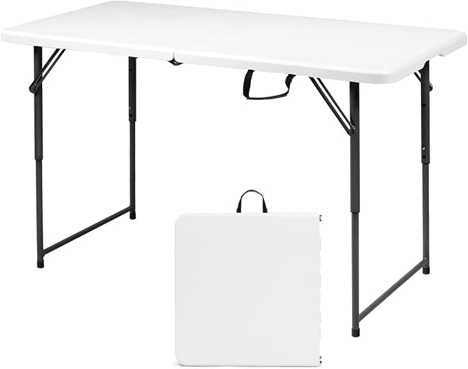 TANGZON 4FT Folding Picnic Table, 3 Adjustable Heights Camping Table with Carry Handle, Indoor Outdoor Dining Table for BBQ Catering Buffet Party, 150KG Capacity (Black Feet, 122 x 61 x 46/60/74cm)