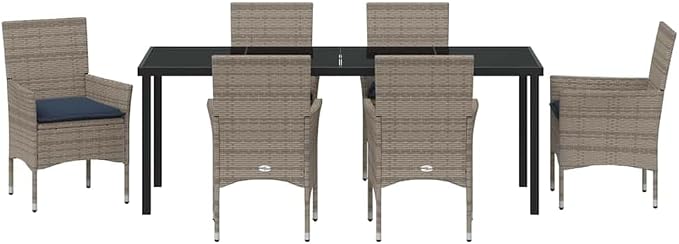 7-Piece Outdoor Dining Set, Grey PE Rattan Patio Table and 6 Chairs with Cushion, Garden Furniture for Backyard, Deck, and Balcony