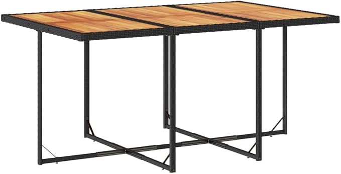 7 Piece Patio Dining Set with Cushions Black Poly Rattan Outdoor Garden Furniture Table and 6 Chairs for Backyard Deck Poolside Dining Folding Space Saving Comfortable Seating Acacia Wood Top