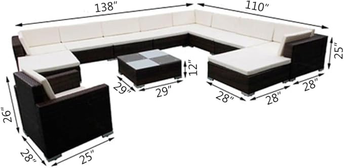 12 Piece Patio Lounge Set with Cushions, Patio Conversation Set Front Porch Furniture Porch Furniture Set Outdoor Dining Sets for Negotiation Area Garden Piazza Poolside Poly Rattan Brown