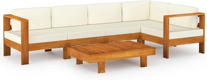 6 Piece Patio Lounge Set with Cream White Cushions,Outdoor Couch,Patio Bar Set,Modern Outdoor Furniture,Dining Bench with Back,Bistro Set,for Patio Deck Garden,Backyard & Lawn,Acacia Wood