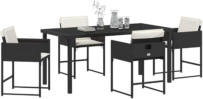 5 Piece Garden Dining Set, Black Poly Rattan Patio Furniture Table and 4 Chairs for Outdoor Backyard Deck Porch