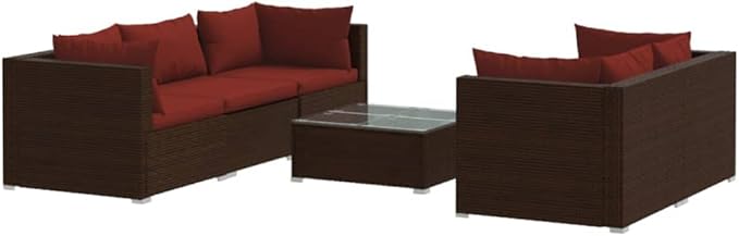 Patio Lounge Set with Cushions,Outdoor Table and Chairs Set,Terrace Conversation Set Furniture,Outdoor Furniture,for Garden,Backyard,6 Piece Poly Rattan Brown