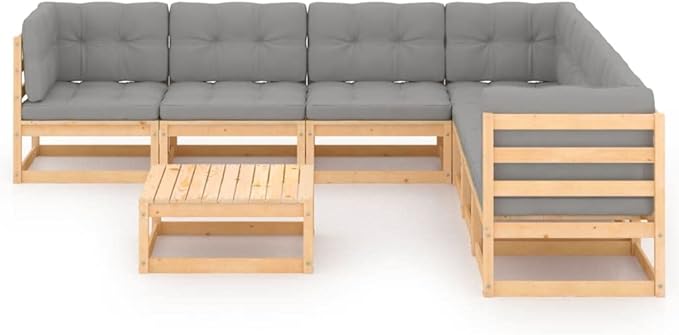 vidaXL Patio Furniture Set 8 Piece, Garden Sofa Set with Cushions, Outdoor Sectional Sofa Conversation Set with Coffee Table, Solid Wood Pine