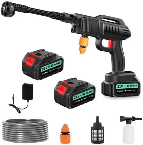 Cordless Pressure Washer, 1450 PSI Portable Battery Power Washer, Cordless Pressure Jet Washer with 6-in-1 Adjustable Nozzle, with 2×3.0Ah Batteries, Charger, 5m Hose for Vehicle, Driveway Deck