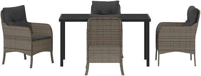 Afuera Living 5 Piece Poly Rattan Patio Dining Set, Cushioned Seats, Gray Finish, UV-Resistant, Powder-Coated Steel Frame, Tempered Glass Table, Modern Style Outdoor Furniture for Garden or Terrace