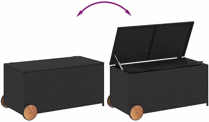 Garden Storage Box 50 Gallon, Outdoor Deck Box with Wheels, Weather-Resistant PE Rattan Patio Organizer for Cushions, Pillows, Tools, Black, 42.1 x 21.7 x 20.9 in