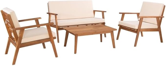 Linon Cooper Acacia Wood 4 Seater Removable Cushion Outdoor Patio Conversation Chat Sofa Set in Natural with Coffee Table
