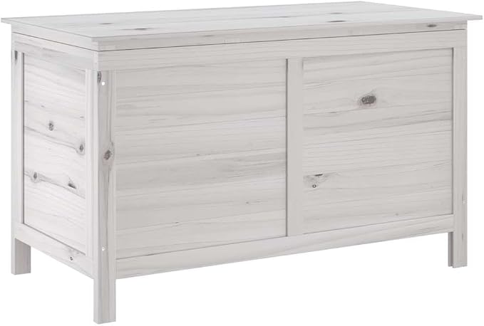 Garden Storage Box White Solid Fir Wood 39 x 19.5 x 23 in Outdoor Furniture Organizer with Slatted Bottom and Flap Closure for Patio Balcony Backyard