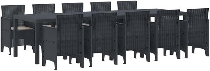 BOWERY HILL 11 Piece Poly Rattan Garden Dining Set, Anthracite Color with Cushions, Rectangular Matte Finish, UV-Resistant, Ergonomic Design, Outdoor Patio or Garden Dining Set for 10 People