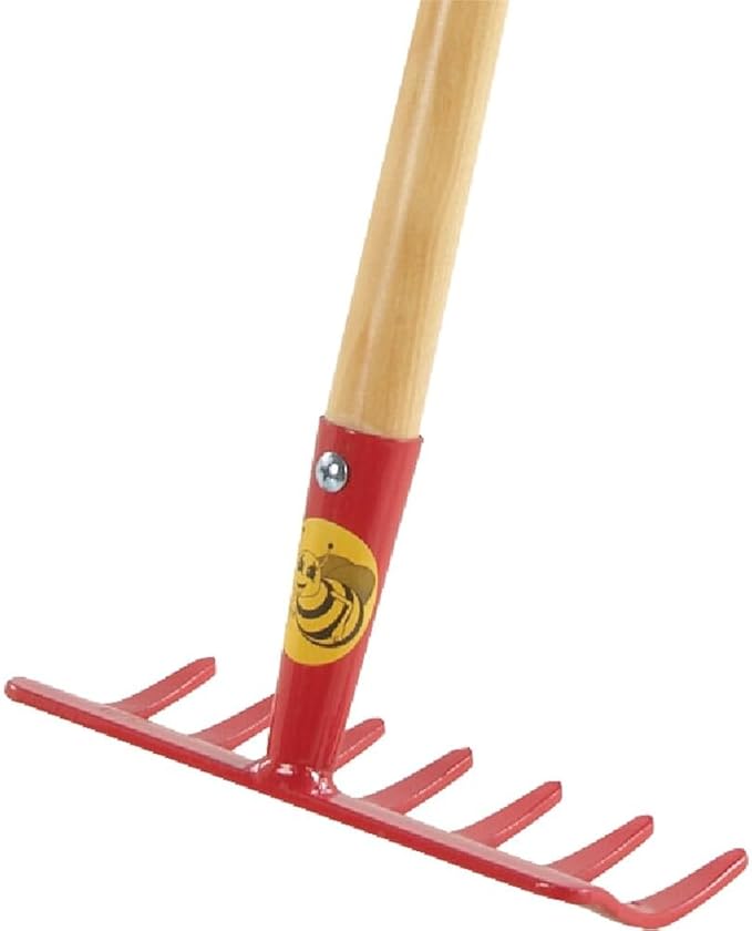 Rugg Kids' Long Handle Bow Rake Garden Tool with Wooden Handle, Gardening Tool for Children, Red
