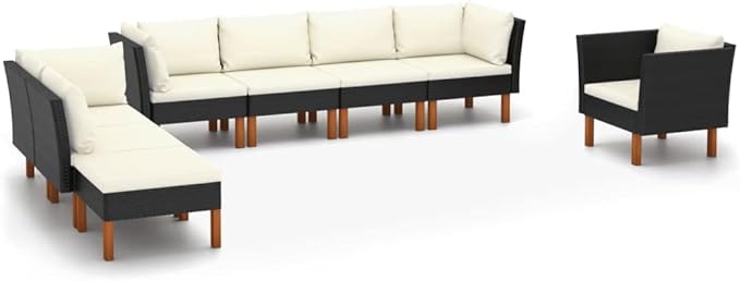 Patio Lounge Set,Patio Furniture Sets,Patio Conversation Sets,Outdoor Furniture Sets,for Garden,Backyard,Outdoor,8 Piece Poly Rattan and Eucalyptus Wood Black