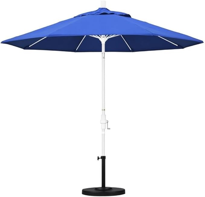 California Umbrella 9' Round Aluminum Pole Fiberglass Rib Market Umbrella, Crank Lift, Collar Tilt, White Pole, Royal Blue Olefin