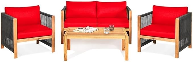 Pemberly Row 4-Piece Acacia Wood Patio Conversation Set, Cushioned Seats, Contemporary Style, Red Finish, Includes Coffee Table, Loveseat, 2 Chairs, Durable Outdoor Furniture for Backyard or Garden