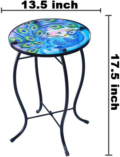 13.5 Inch Round Peacocks Glass Side Table, Patio Small Table, Outdoor Side Table, Outdoor Bar Table, Metal Glass End Table for Porch Garden Patio Pool Living Room