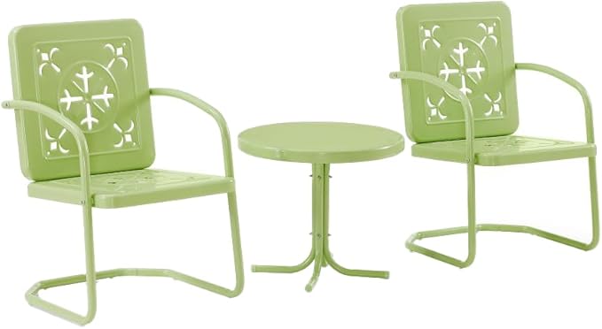 Crosley Furniture Azalea 3-Piece Vintage Outdoor Chair and Side Table Set, Retro Metal Patio Conversation Sets, Key Lime Gloss
