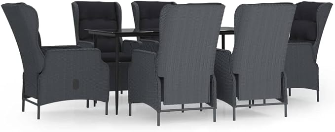 7 Piece Patio Dining Set with Dark Gray Poly Rattan, Tempered Glass Table, and Adjustable Backrest Chairs for Outdoor Garden