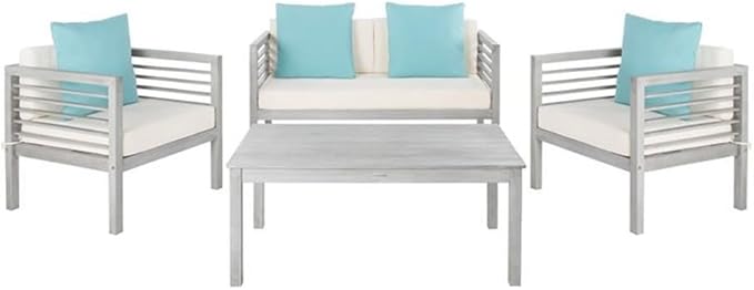 SAFAVIEH Outdoor Collection Alda Grey Wash/ White Cushions/ Light Blue Pillows 4-Piece Conversation Patio Set