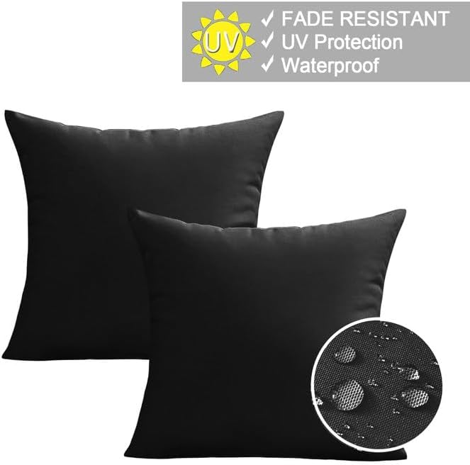 VAKADO Outdoor Waterproof Throw Pillow Covers 16X16 Set of 2 Decorative Black Patio Furniture Cushion Cases Outside Decor for Couch Garden Bench Porch