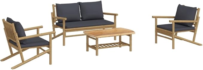 Outdoor Seating Furniture,Outdoor Conversation Sets,4 Piece Patio Lounge Set with Dark Gray Cushions BambooSuitable for Patio, Garden, Gazebo Low