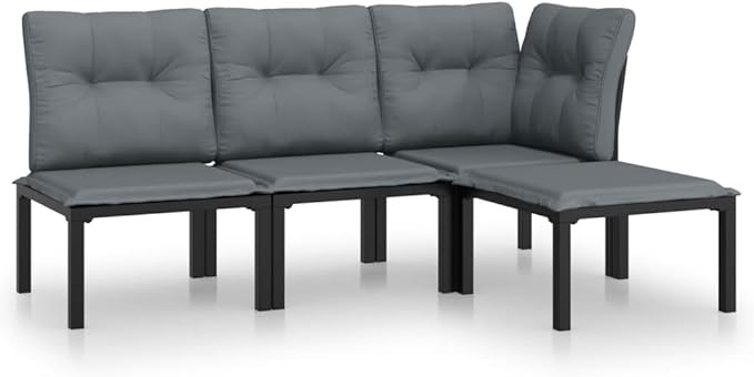 4 Piece Patio Lounge Set Black and Gray Poly Rattan, Outdoor Patio Sectional, Outdoor Sofa Set, Furniture Conversation Sets, Outdoor Porch Furniture for Balcony, Yard