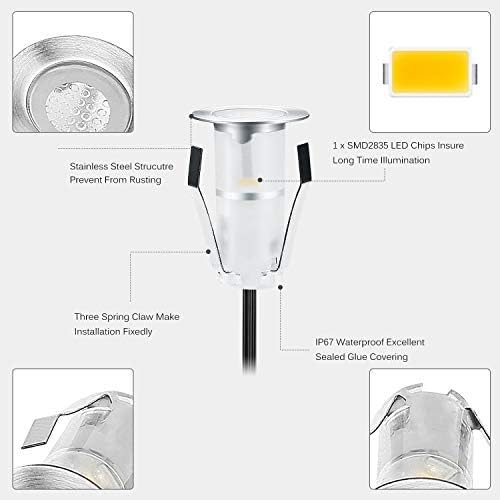 0.7" Tiny Warm White LED Deck Light Kit, Stainless Steel Waterproof Recessed Wood Decking Stairs Garden Yard Patio Decor Lamp Low Voltage Outdoor LED Lighting, Pack of 30