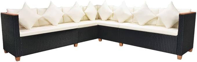 7 Piece Patio Lounge Set with Cushions, Sectional Sofa Patio Conversation Set Porch Furniture Set Front Porch Furniture for Poolside Negotiation Area Piazza Exhibition Poly Rattan Black