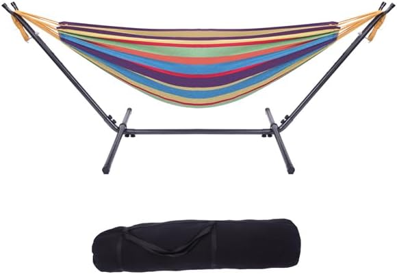Double Hammock with Steel Stand for Outside,Portable Space Saving Heavy-Duty Steel Frame Hammock w/Portable Carrying Bag for Indoor Outdoor Patio Yard Camping,Easy Assembly,600 lbs Capacity (Rainbow)