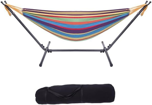 Double Hammock with Steel Stand for Outside,Portable Space Saving Heavy-Duty Steel Frame Hammock w/Portable Carrying Bag for Indoor Outdoor Patio Yard Camping,Easy Assembly,600 lbs Capacity (Rainbow)