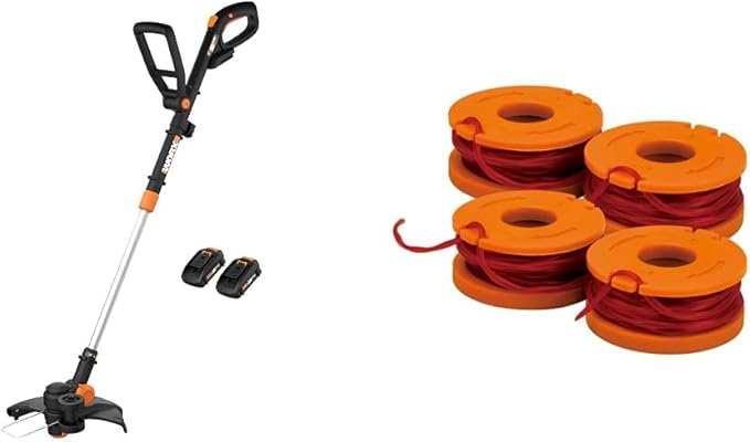 Worx String Trimmer/Edger/Lawn Mower 3-in-1 Grass Trimmer GT Revolution 20V 12" (2 Batteries & Charger Included) WG170 and WORX WA0047 4-Pack String Trimmer Replacement Line, Orange