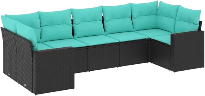 7 Piece Patio Sofa Set with Cushions, Patio Conversation Set Outdoor Dining Sets Front Porch Furniture Porch Furniture Set for Garden Piazza Exhibition Poolside Black Poly Rattan