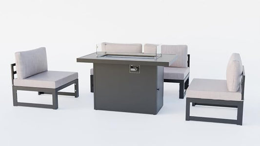Chelsea Middle Patio Chairs & Fire Pit Table Set Black Aluminum Frame with Cushions Beige - 5 Piece