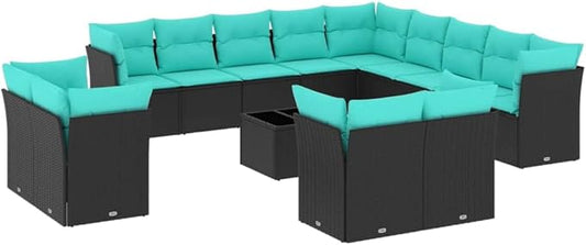 vidaXL Patio Sofa Set with Cushions 14 Piece, Sectional Sofa with Glass Table, Outdoor Conversation Set, Modern Style, Black Poly Rattan