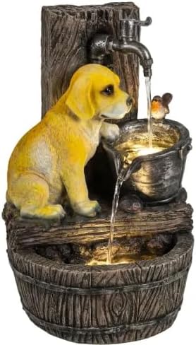 Outdoor Garden Water Fountain Solar Powered, Rustic Puppy Sculpture Fountain with LED Light, Weather-Resistant Resin Bird Bath for Yard Patio Decor, Unique Gift Idea for Dog Lovers