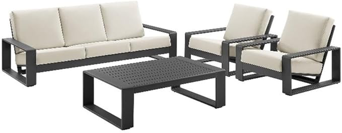 Modway Lirienne Aluminum 4-Piece Outdoor Furniture Set in Cream – Patio Conversation Set with 3-Seater Sofa, 2 Armchairs & Coffee Table