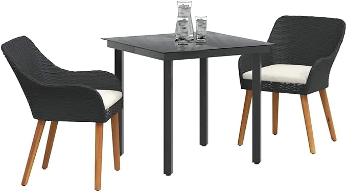 Garden Dining Set with Cushion 3 Pcs Black Poly Rattan Outdoor Patio Bistro Table Chairs Weatherproof Stackable for Deck Yard Porch